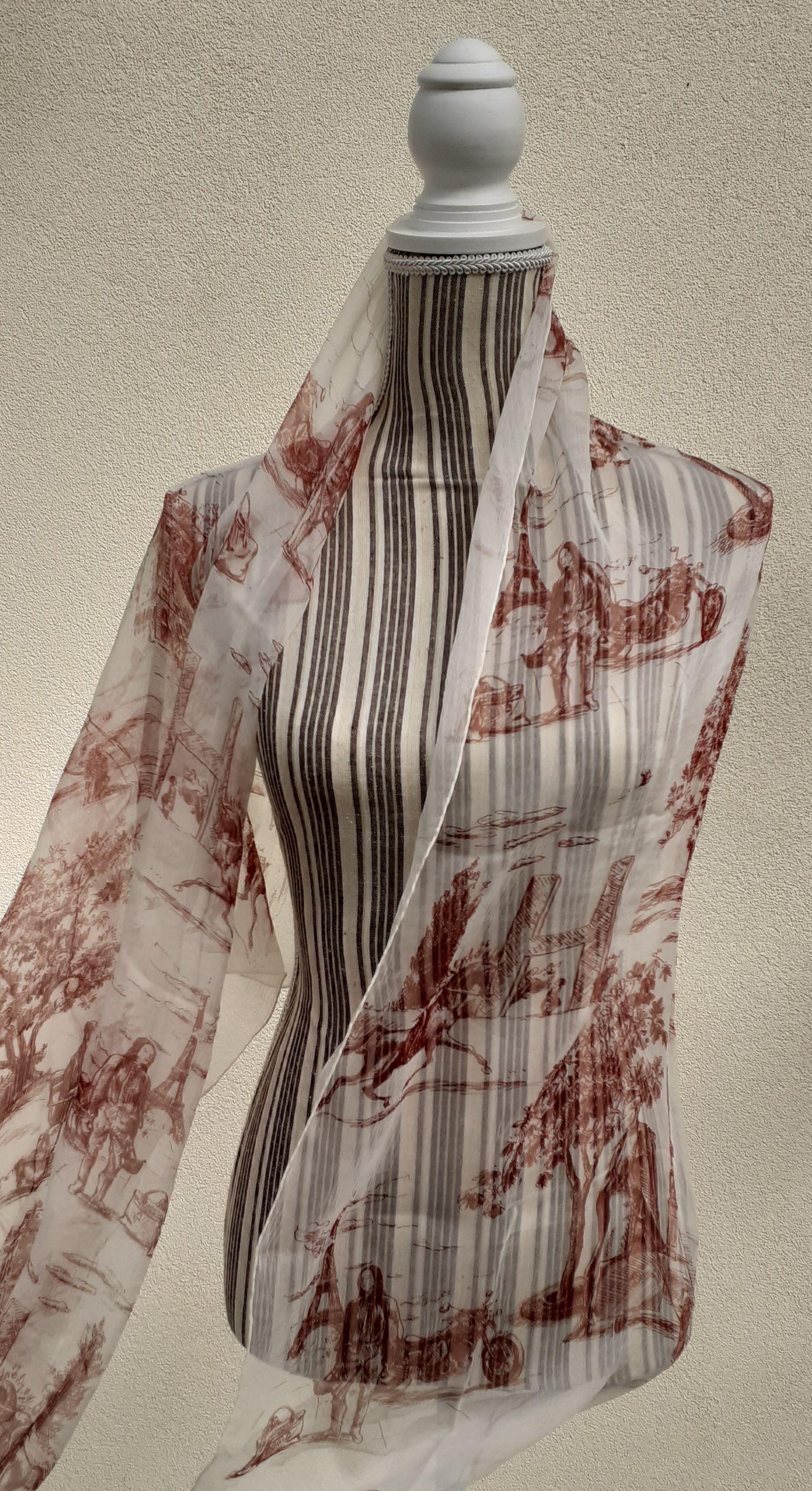 Hermès Chiffon Mousseline Silk Scarf Long Stole Toile de Jouy Pattern Rare 10