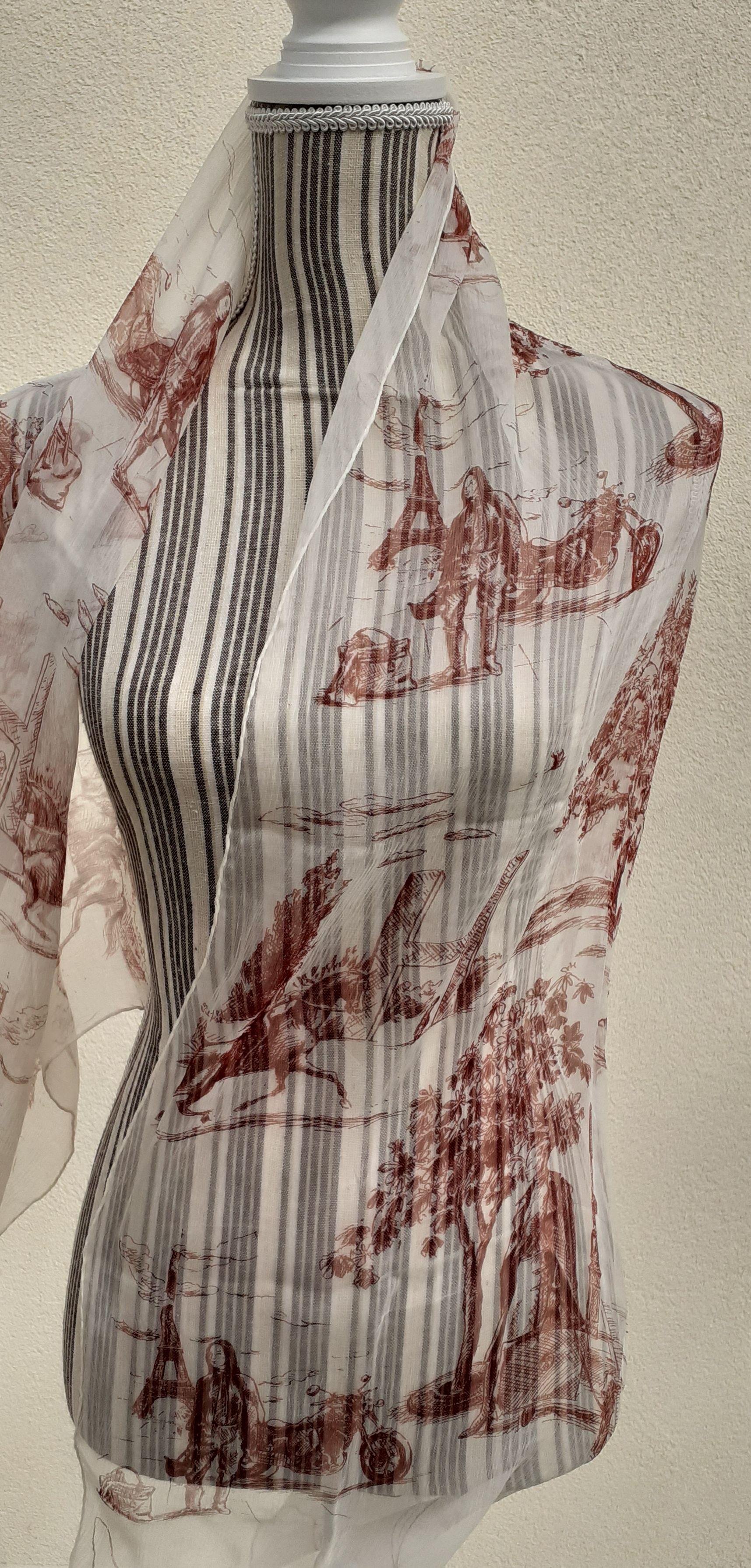 Hermès Chiffon Mousseline Silk Scarf Long Stole Toile de Jouy Pattern Rare 11
