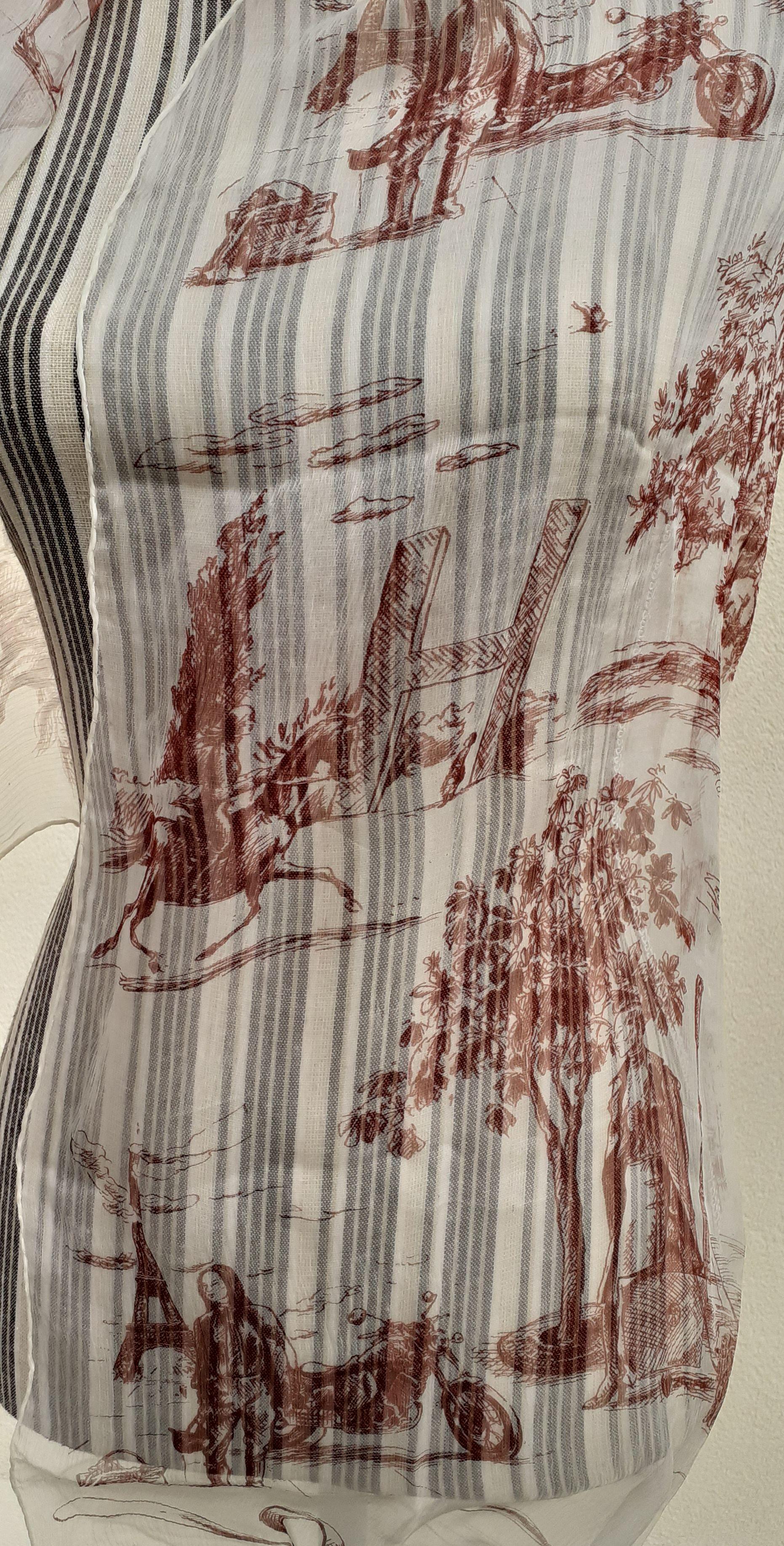 Hermès Chiffon Mousseline Silk Scarf Long Stole Toile de Jouy Pattern Rare 12