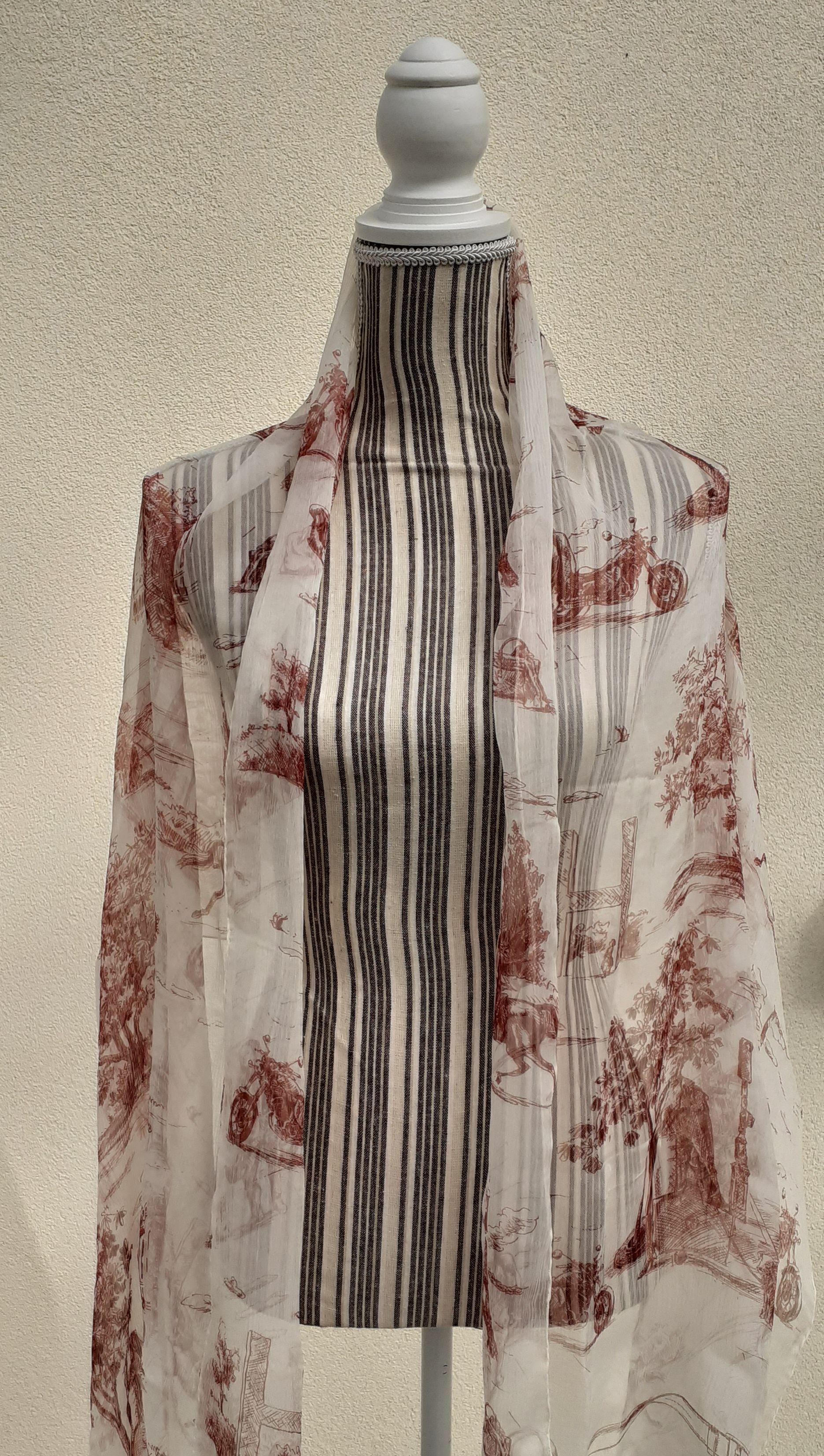 Hermès Chiffon Mousseline Silk Scarf Long Stole Toile de Jouy Pattern Rare 13