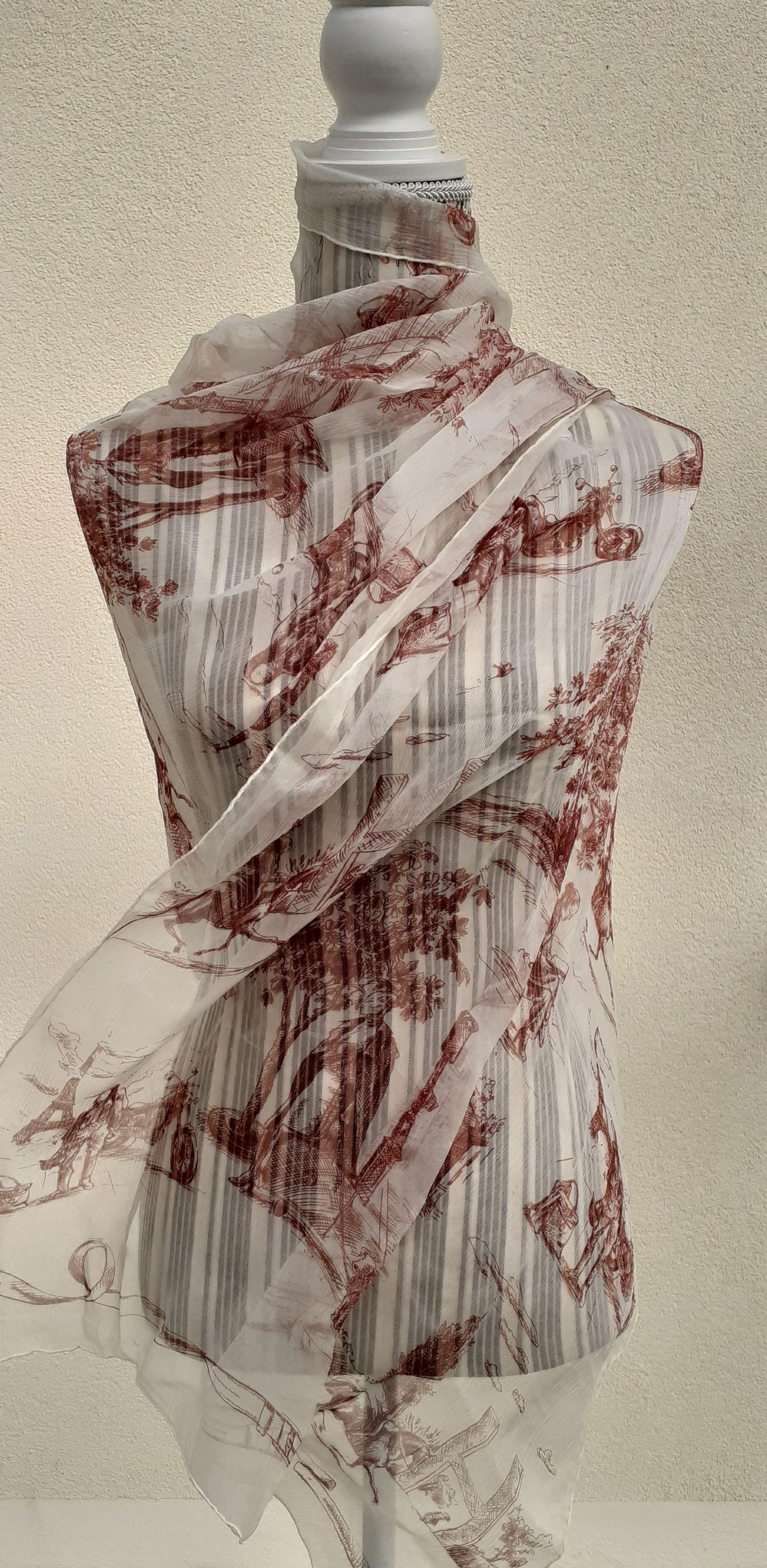 Hermès Chiffon Mousseline Silk Scarf Long Stole Toile de Jouy Pattern Rare 14