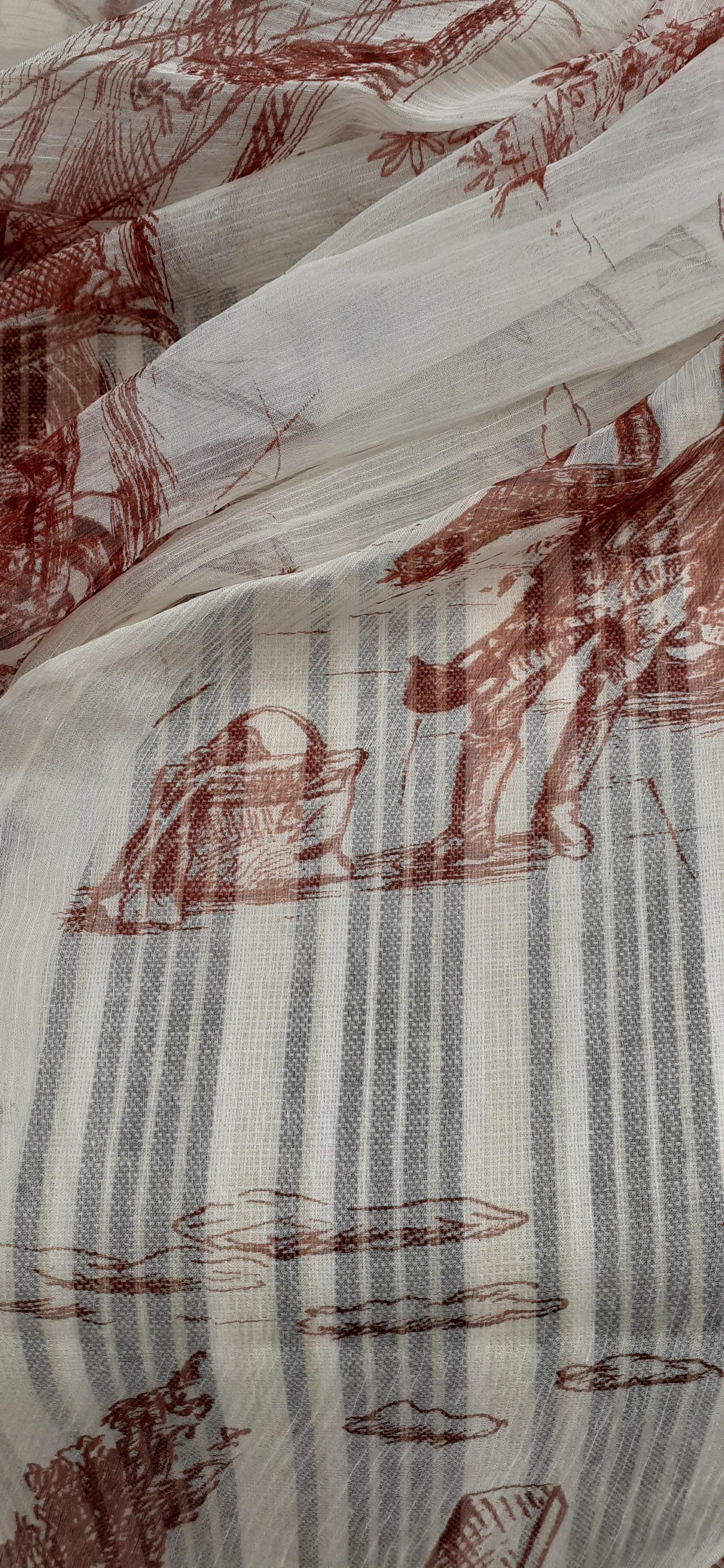 Hermès Chiffon Mousseline Silk Scarf Long Stole Toile de Jouy Pattern Rare 15