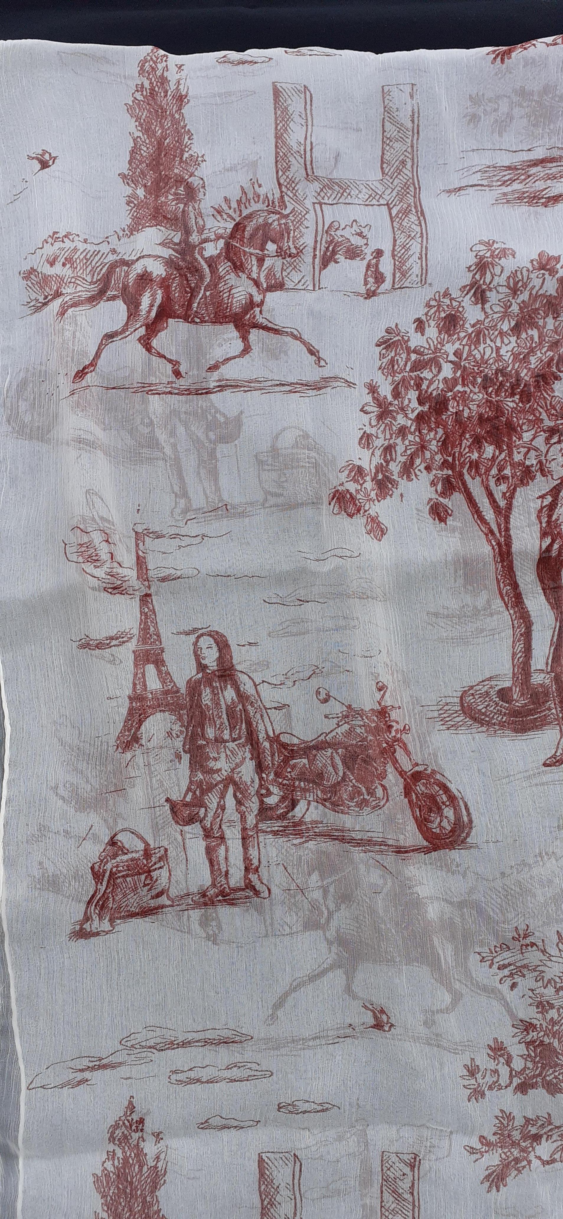 Hermès Chiffon Mousseline Silk Scarf Long Stole Toile de Jouy Pattern Rare 3