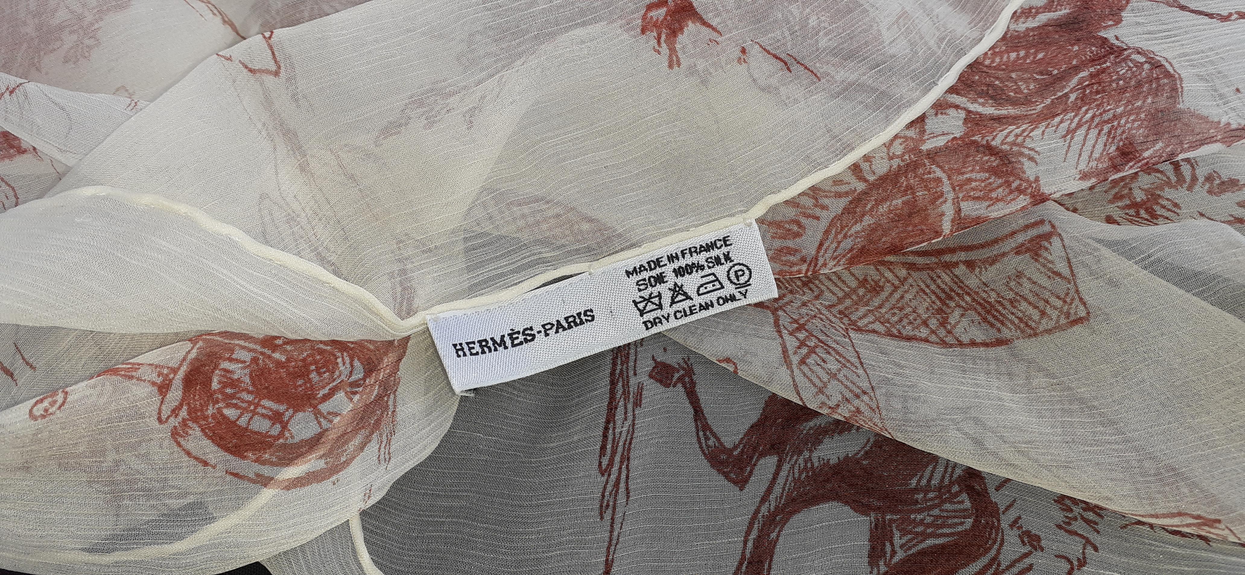 Hermès Chiffon Mousseline Silk Scarf Long Stole Toile de Jouy Pattern Rare 5