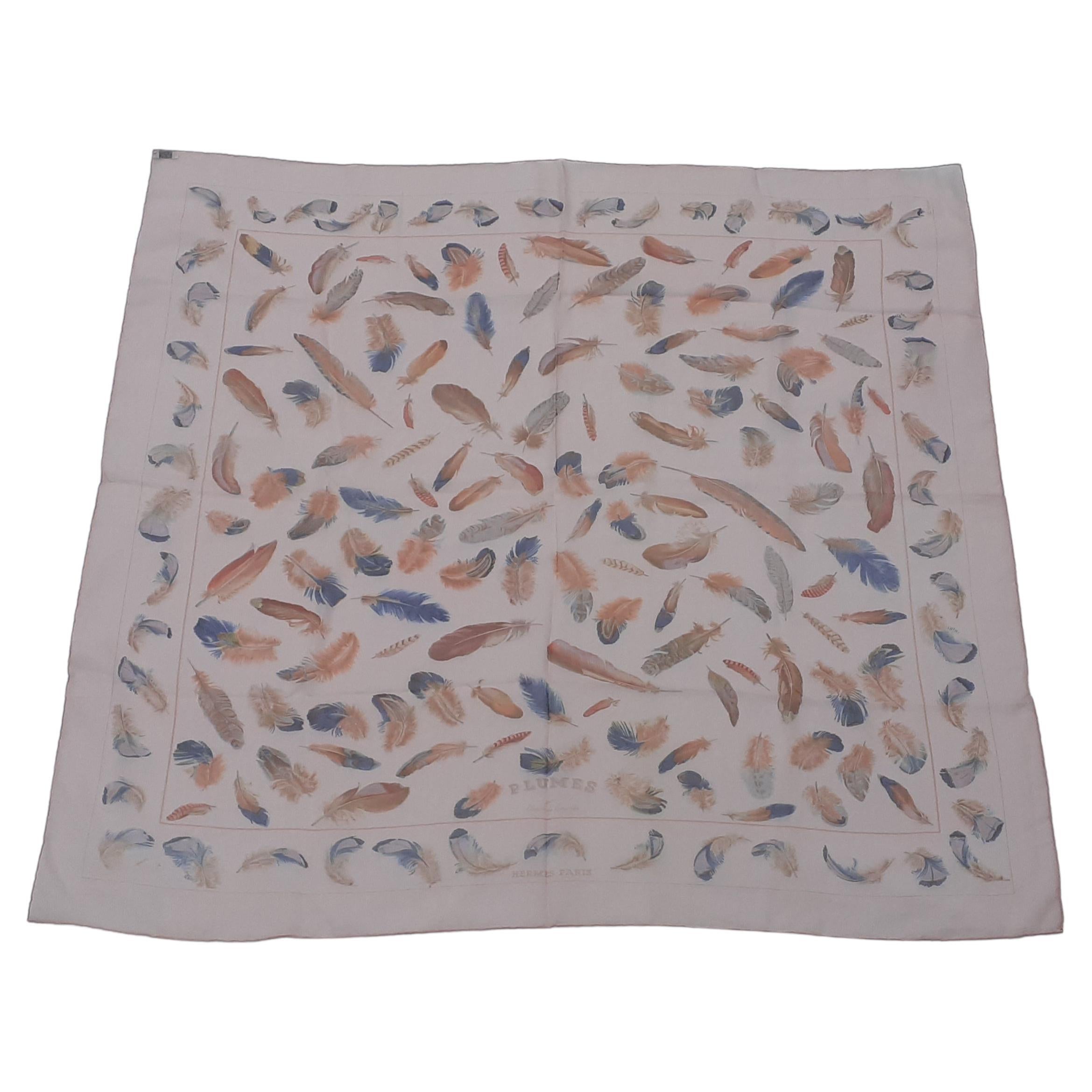 Gray Hermès Chiffon Mousseline Silk Scarf Plumes Par Henri de Linares Pink 90 cm For Sale