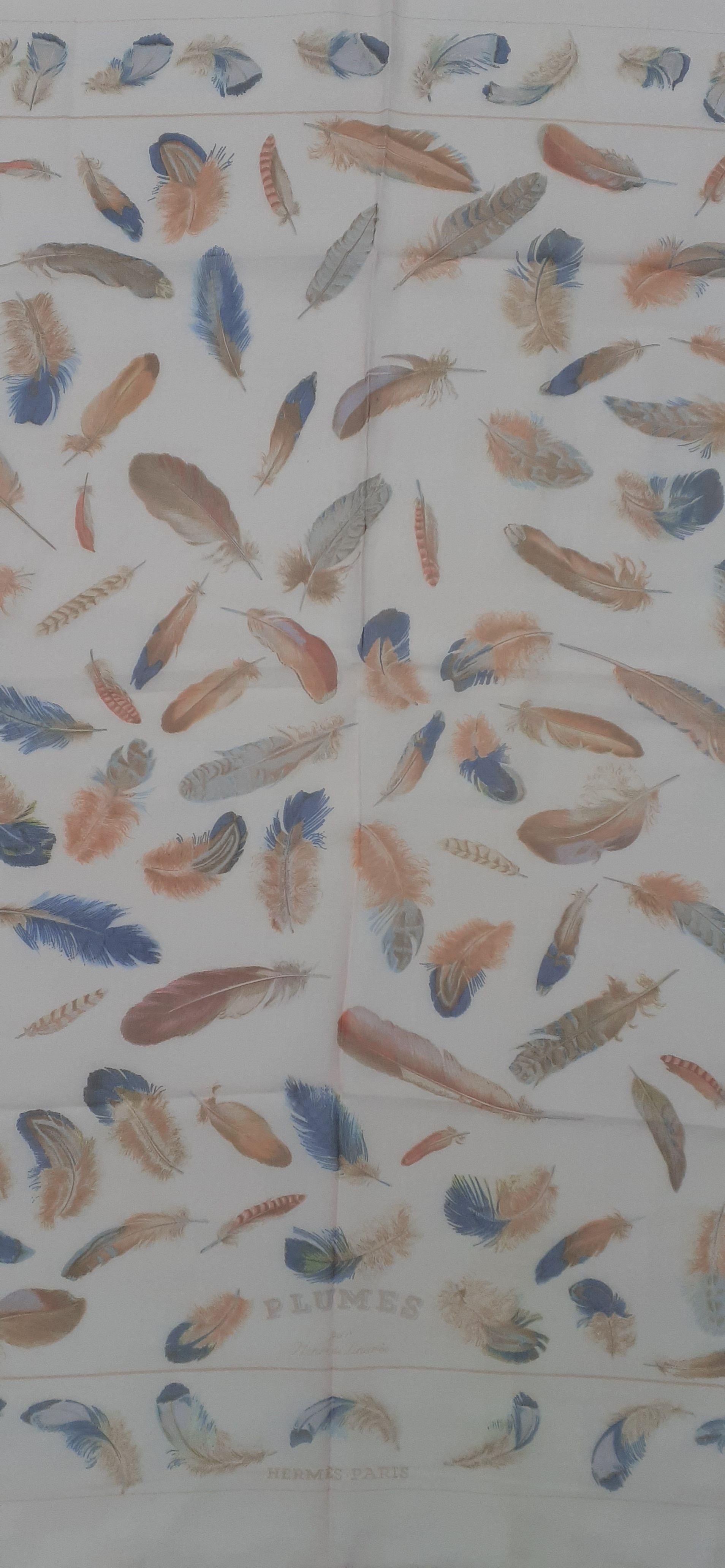 Gray Hermès Chiffon Mousseline Silk Scarf Plumes Par Henri de Linares Pink 90 cm