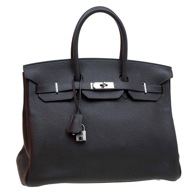 Black Hermes Choco Brown Clemence Leather Palladium Hardware Birkin 35 Bag