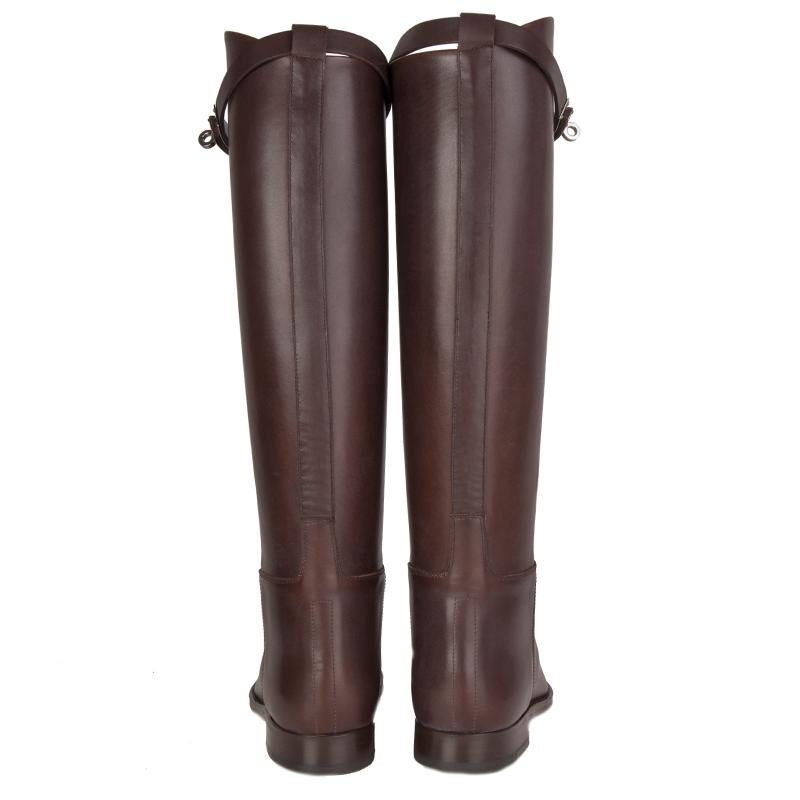 HERMES Chocolat brown Box leather JUMPING Knee High Flat Boots Shoes 35 ...