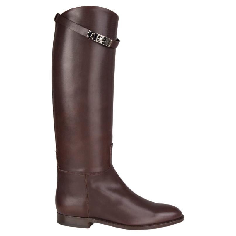 HERMES Chocolat brown Box leather JUMPING Knee High Flat Boots Shoes 35.5 For Sale