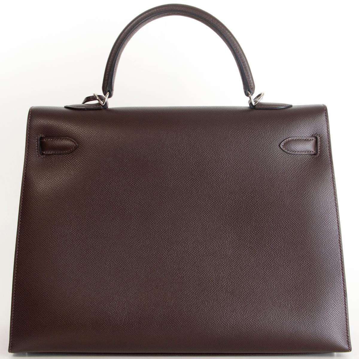 Black HERMES Chocolat brown Epsom leather & Palladium KELLY 35 Sellier Bag