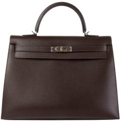 HERMES Chocolat brown Epsom leather & Palladium KELLY 35 Sellier Bag