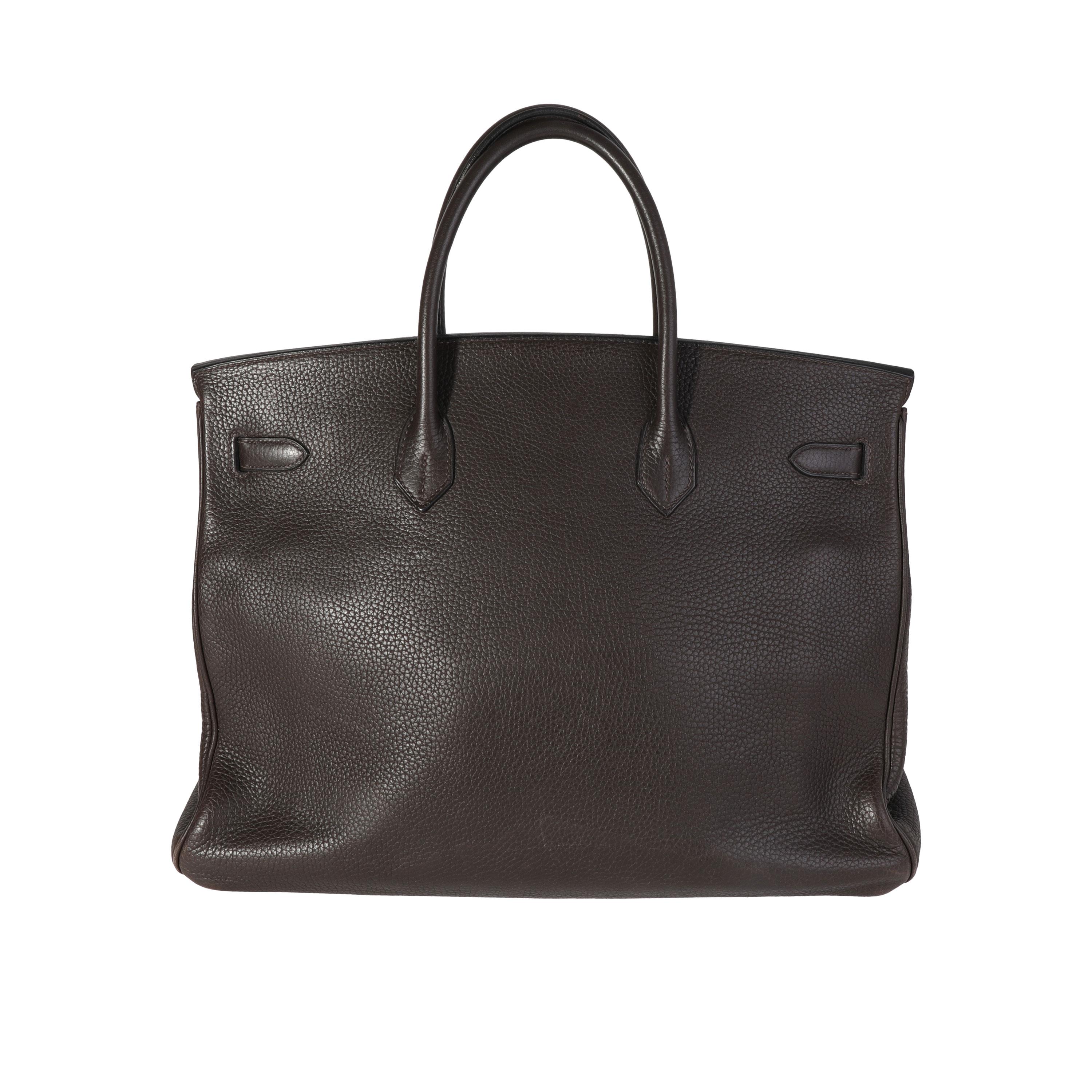 Listing Title: Hermès Chocolat Clémence Birkin 40 PHW
SKU: 117515
Condition: Pre-owned (3000)
Handbag Condition: Good
Condition Comments: Good Condition. Scuffing to corners and to exterior. Peeling and scuffing to handles. Water damage to exterior