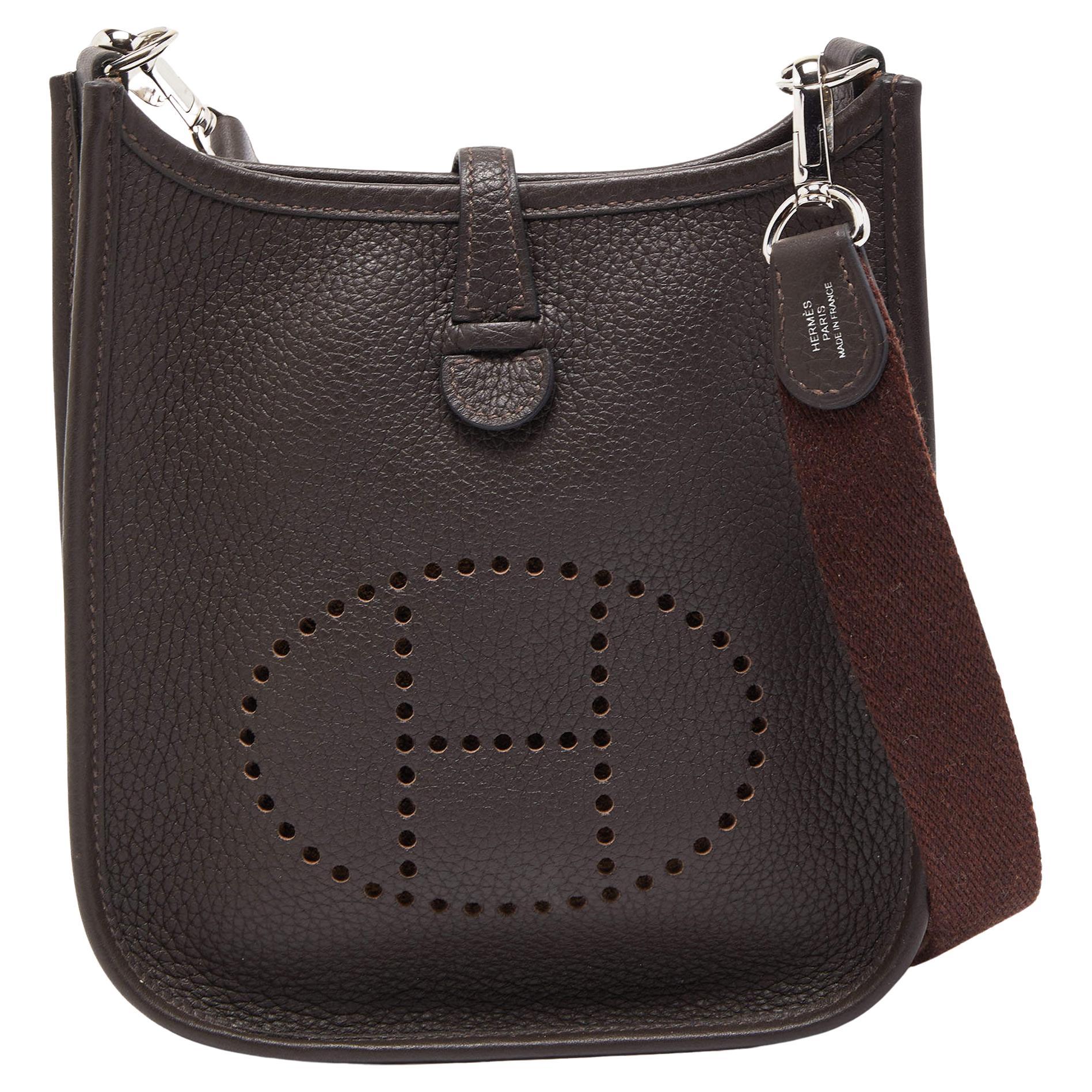 Hermes Chocolat Clemence Leather Evelyne TPM Bag For Sale