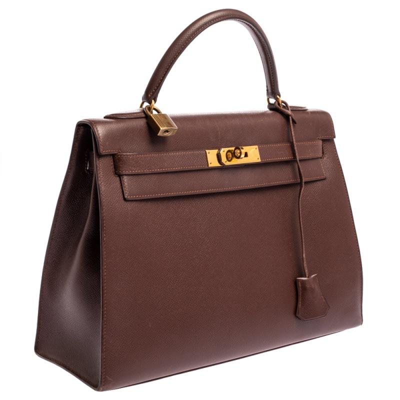Hermes Chocolat Courchevel Leather Gold Hardware Kelly Sellier 32 Bag In Fair Condition In Dubai, Al Qouz 2
