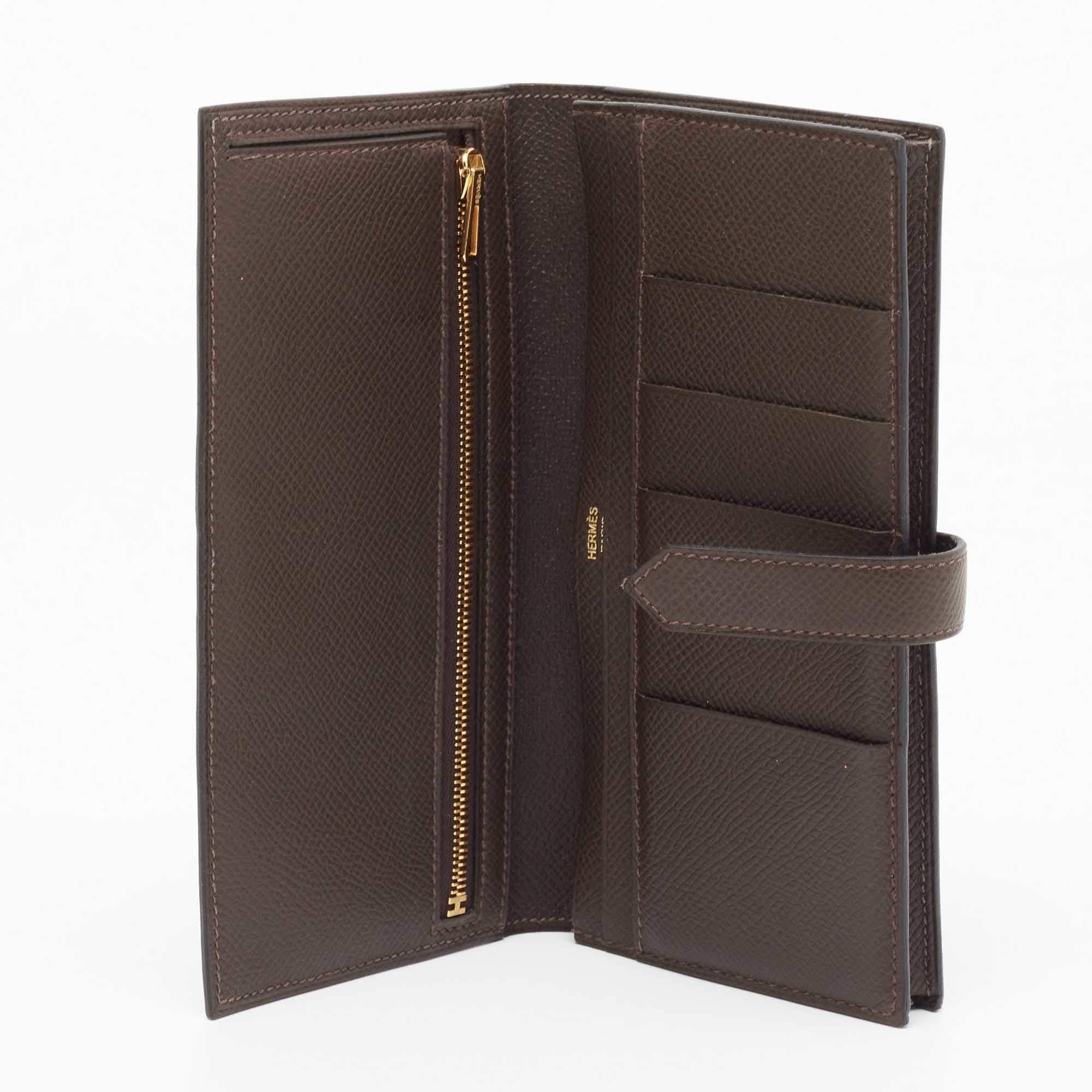 Hermés Chocolat Epsom Leather Bearn Gusset Wallet For Sale 8