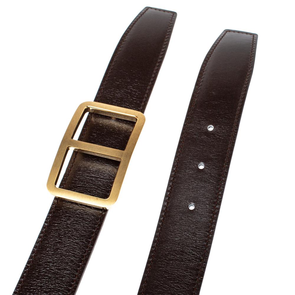 Hermes Chocolat Leather Reversible Domino Belt 100 CM In Good Condition In Dubai, Al Qouz 2