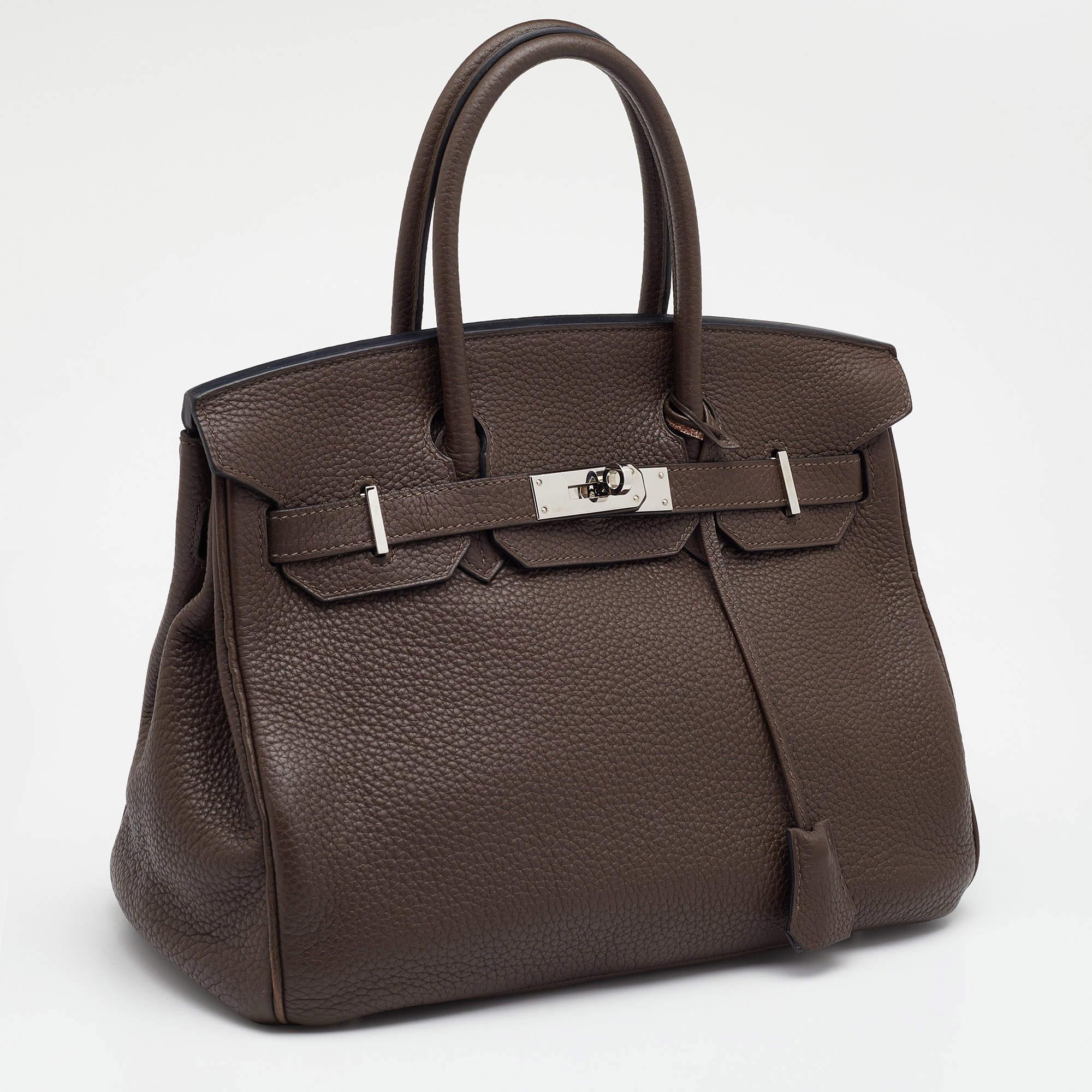 Women's Hermes Chocolat Taurillon Clemence Leather Palladium Finish Birkin 30 Bag