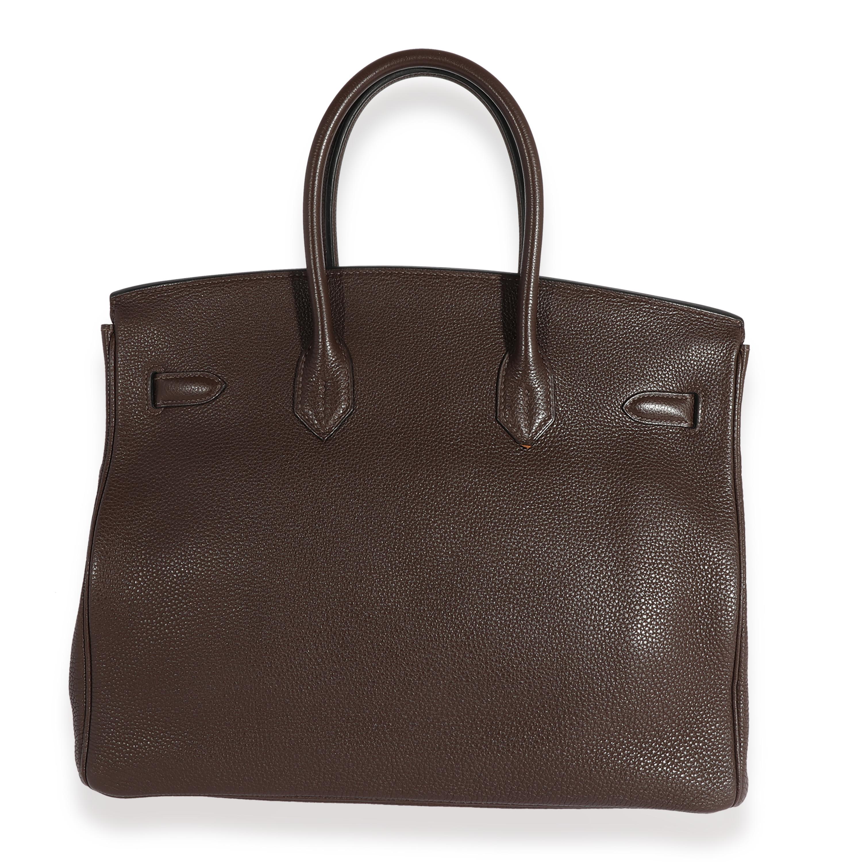 Listing Title: Hermès Chocolat Togo Birkin 35 PHW
SKU: 124235
Condition: Pre-owned 
Handbag Condition: Very Good
Condition Comments: Very Good Condition. Exterior peeling at leather and faint scuffing. Faint scratching at hardware. Interior scuffing