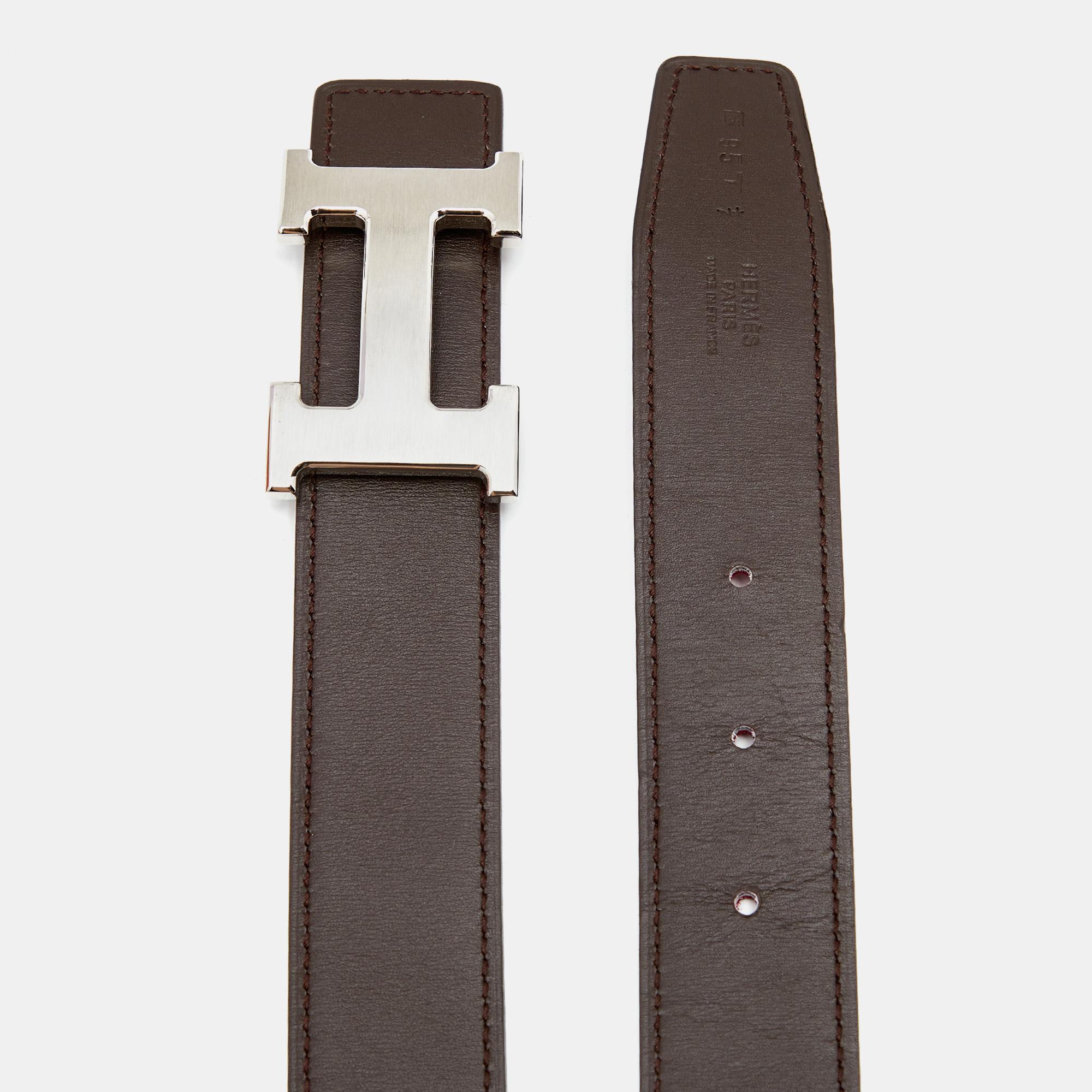 Women's Hermes Chocolat/Tosca Swift and Evergrain Leather H Buckle Reversible Belt 95 CM