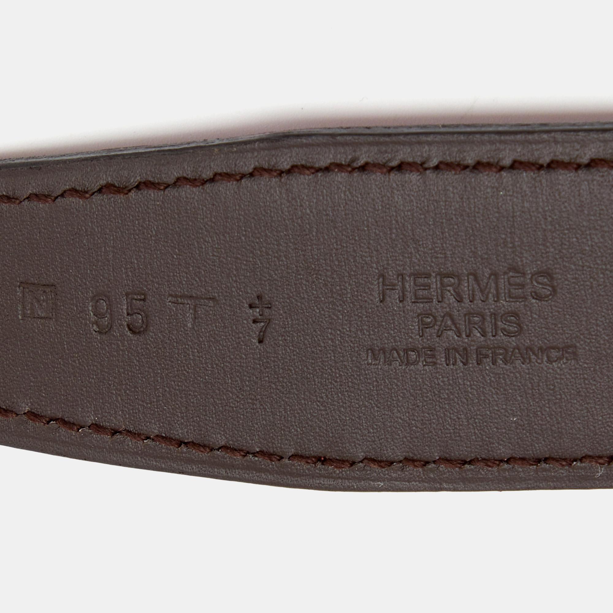 Hermes Chocolat/Tosca Swift and Evergrain Leather H Buckle Reversible Belt 95 CM 2