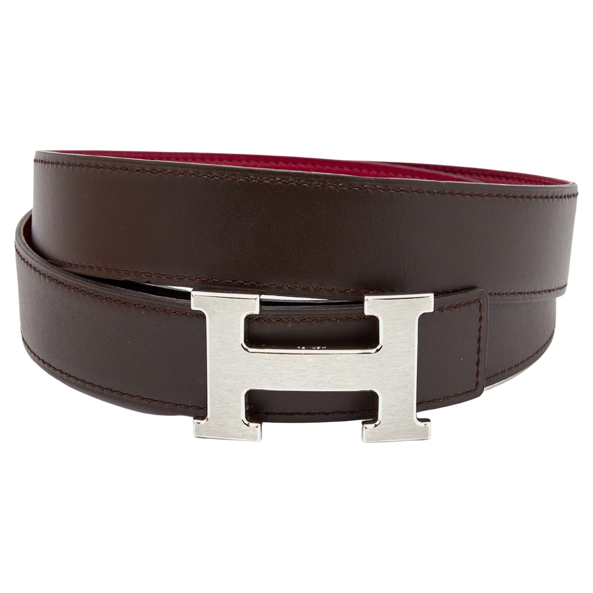 Hermes Chocolat/Tosca Swift and Evergrain Leather H Buckle Reversible Belt 95 CM