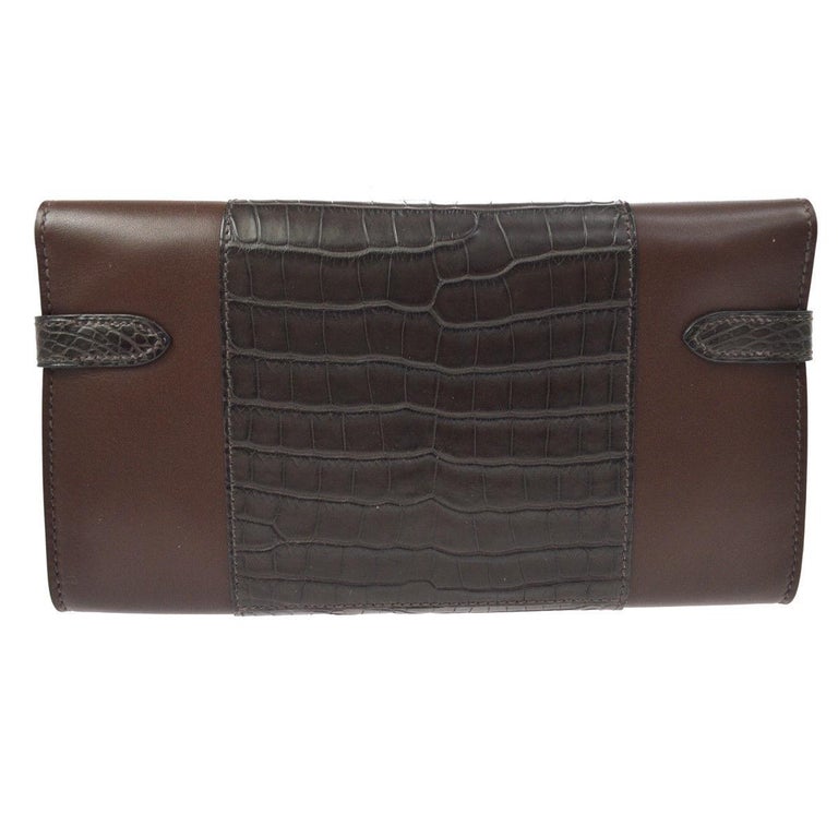 Hermes Chocolate Alligator Exotic Leather Gold Envelope Clutch Wallet in Box For Sale at 1stdibs