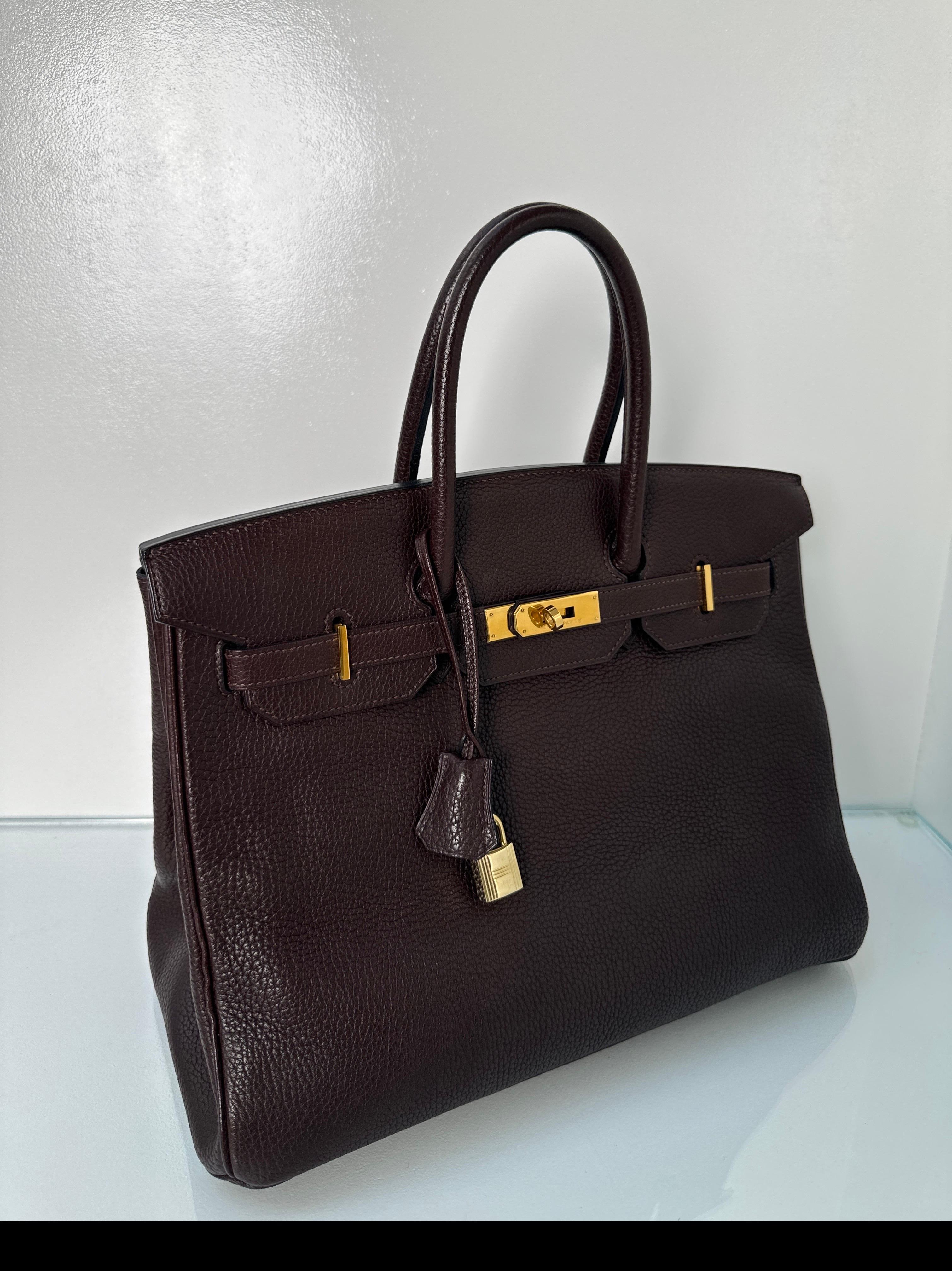 Hermes Brown Chocolate Birkin 35 Bag. Color of the year is chocolate. Gold hardware. Very good condition. Togo leather. Interior clean. Collector's piece. Includes clochette, lock, keys, and dustbag. Guaranteed authentic. 