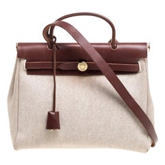 Hermes Chocolate Brown/Beige Toile and Leather Herbag 31 Bag