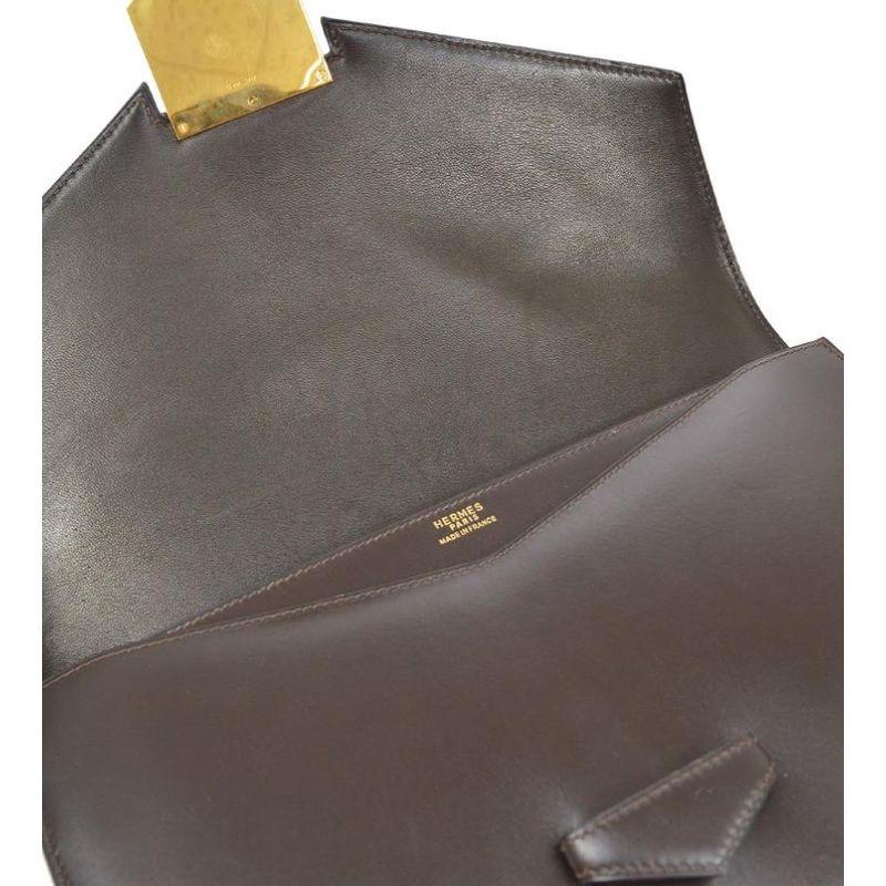 Black HERMES Chocolate Brown Box Leather Gold Faco Envelope Evening Clutch Bag