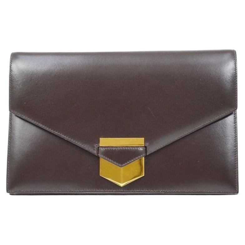 HERMES Chocolate Brown Box Leather Gold Faco Envelope Evening Clutch Bag