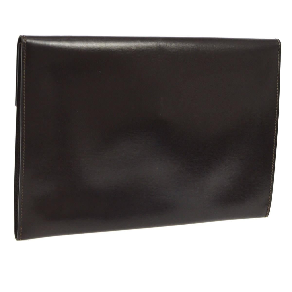 Black Hermes Chocolate Brown 'H' Charm Leather Evening Envelope Clutch Flap Bag