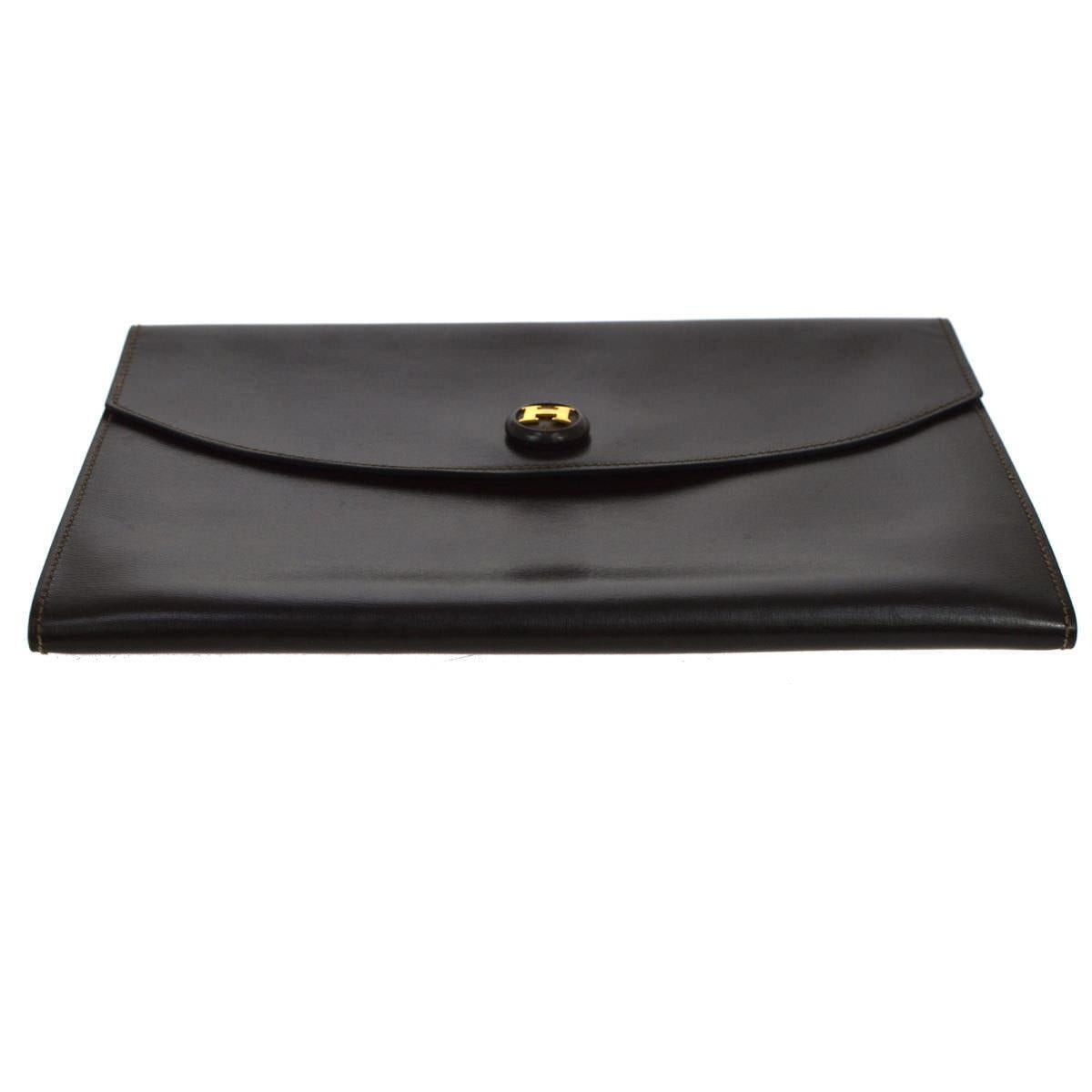 Hermes Chocolate Brown 'H' Charm Leather Evening Envelope Clutch Flap Bag In Good Condition In Chicago, IL