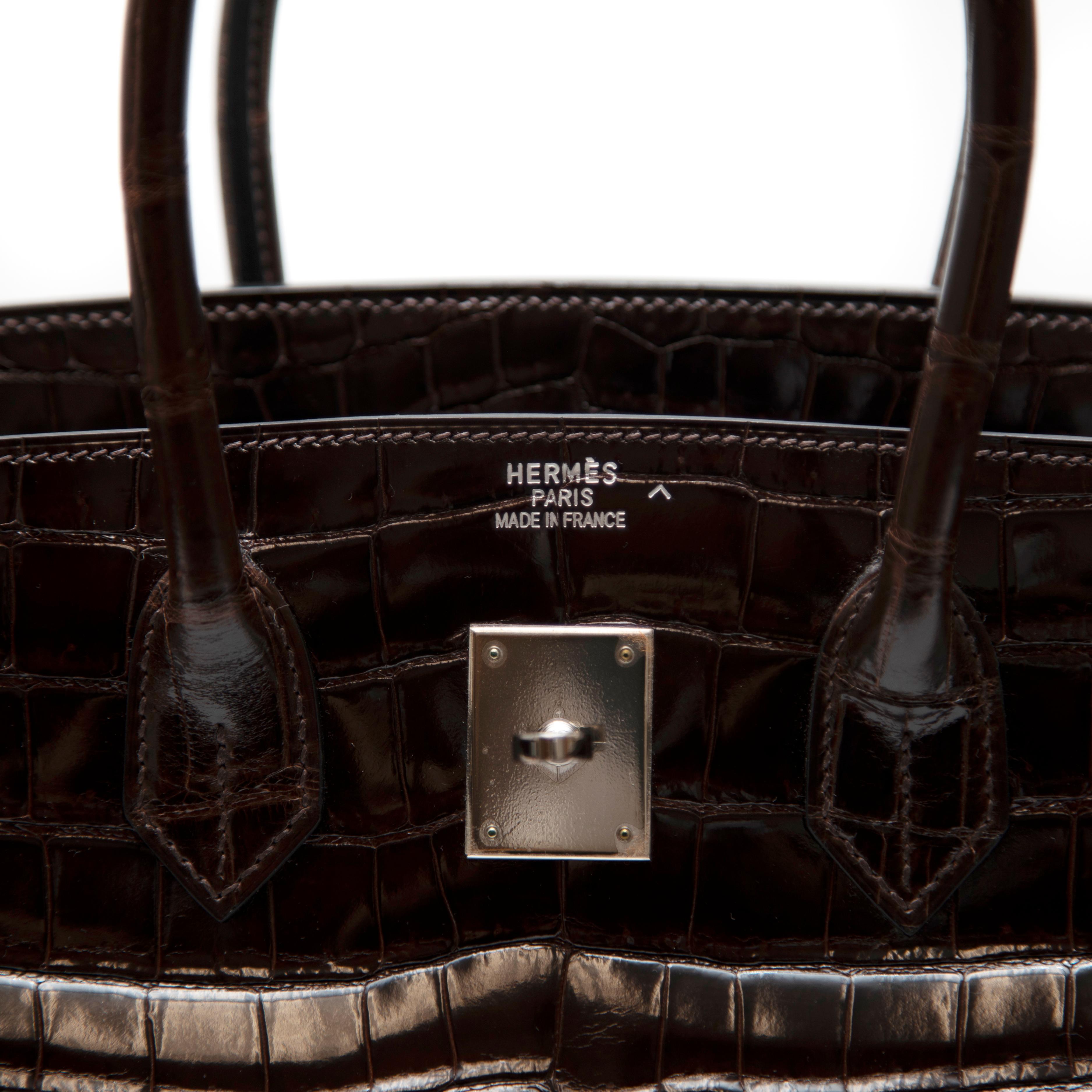 Birkin Hermès Cocodrilo Porosus Marrón Chocolate 35CM en venta 7
