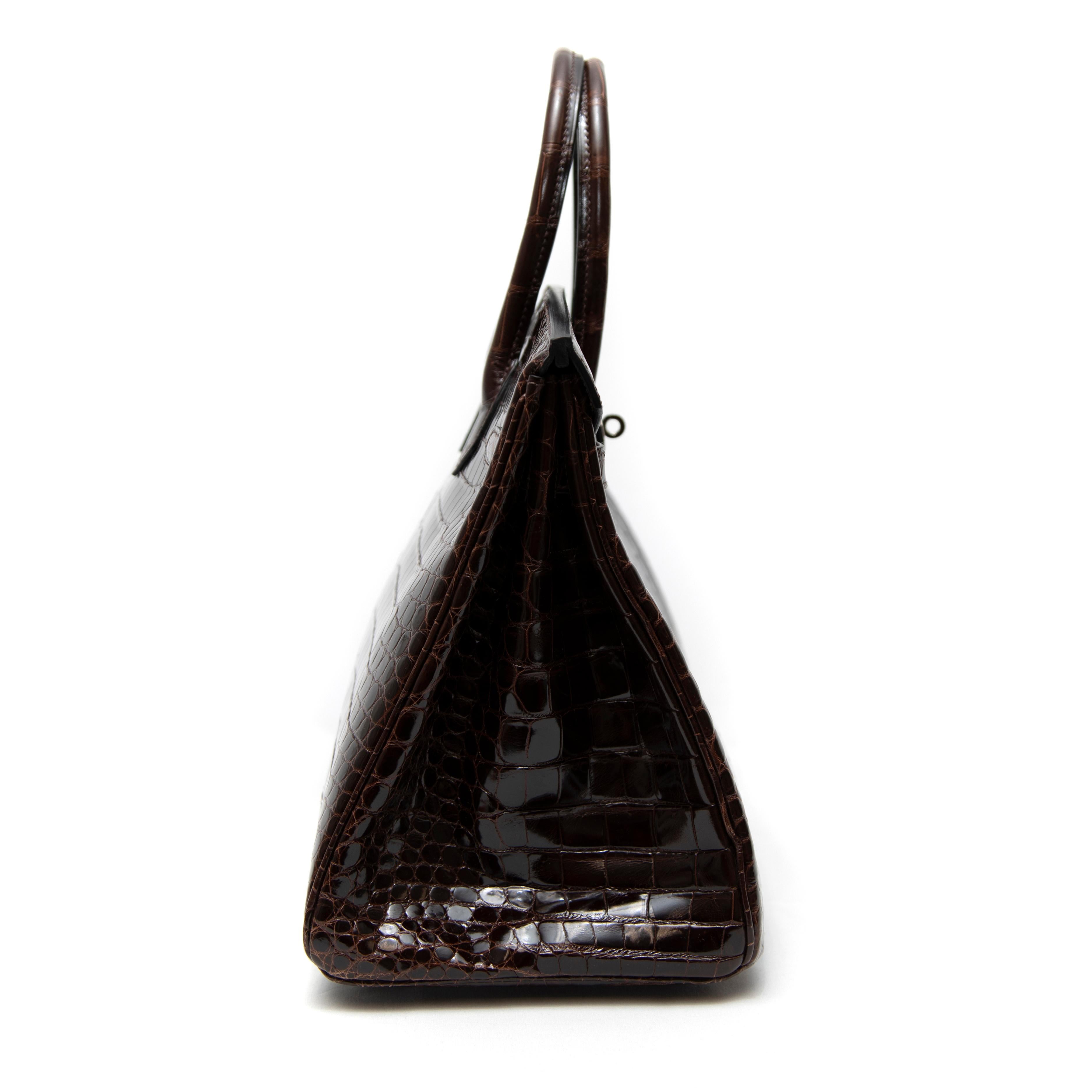 Birkin Hermès Cocodrilo Porosus Marrón Chocolate 35CM Negro en venta