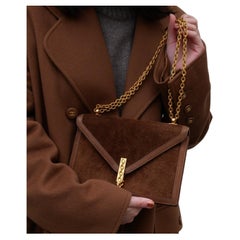 HERMES Chocolate Brown Suede Leather Gold Evening Top Handle Shoulder Flap Bag