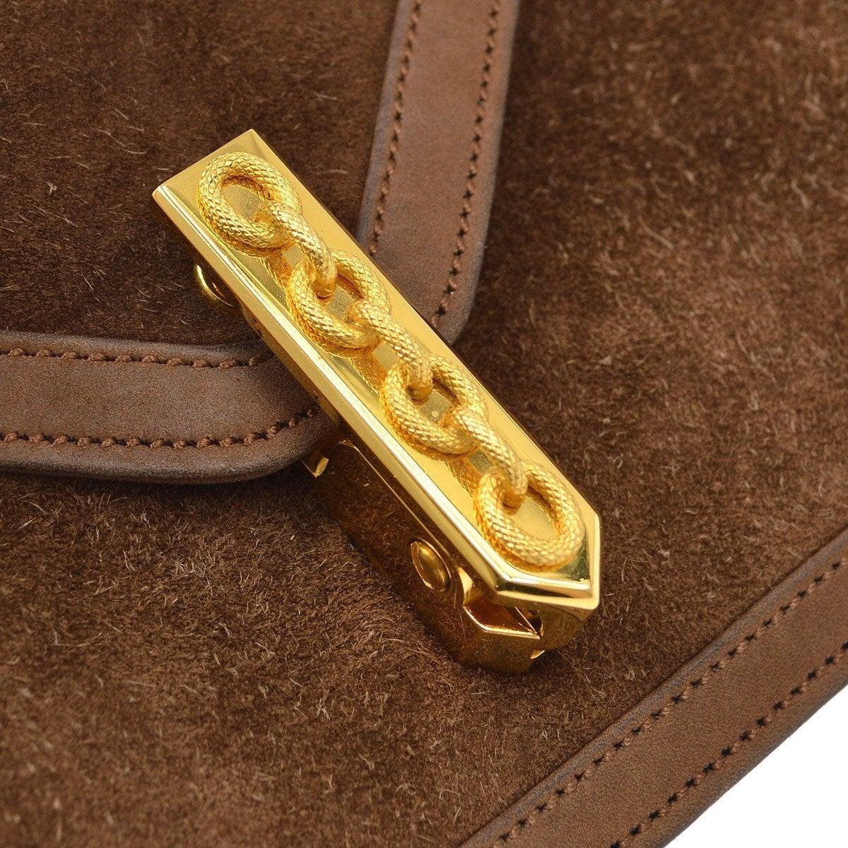 HERMES Bolso con solapa de hombro y asa superior de piel de ante marrón chocolate dorado de noche Marrón en venta