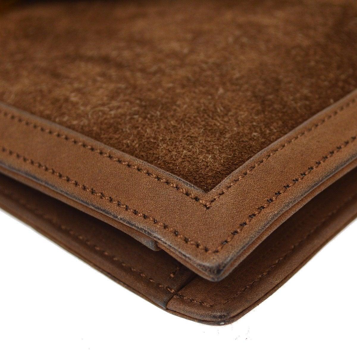 HERMES Bolso con solapa de hombro y asa superior de piel de ante marrón chocolate dorado de noche en venta 1