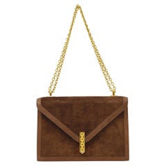 Vintage HERMES Chocolate Brown Suede Leather Gold Evening Top Handle Shoulder Flap Bag