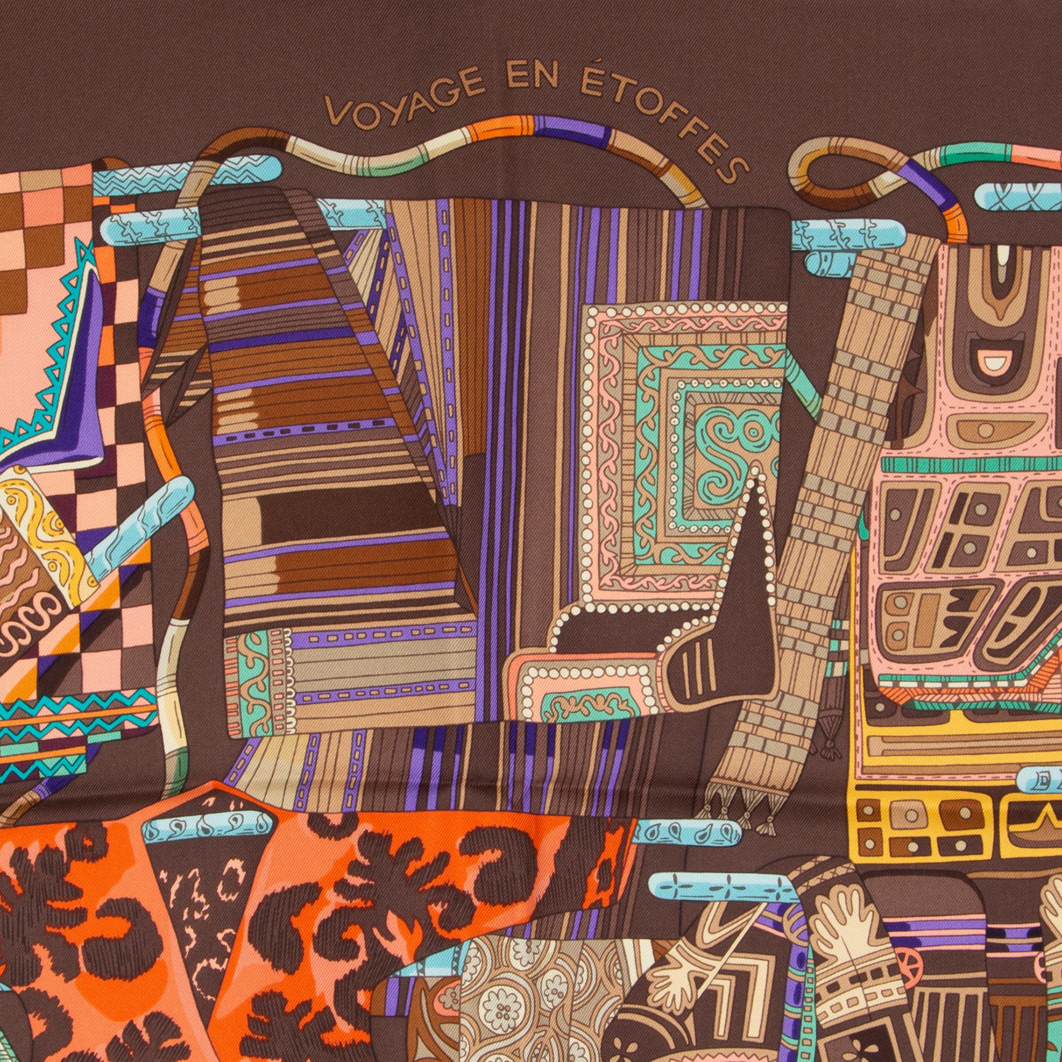 Hermès 'Voyage en Etoffes' scarf by Annie Faivre in chocolate, grape, chartreuse, yellow, and coral silk twill. Has been worn and is in excellent condition. 

Width 90cm (35.1in)
Height 90cm (35.1in)