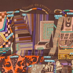 HERMES chocolate brown VOYAGE EN ETOFFES 90 silk twill Scarf