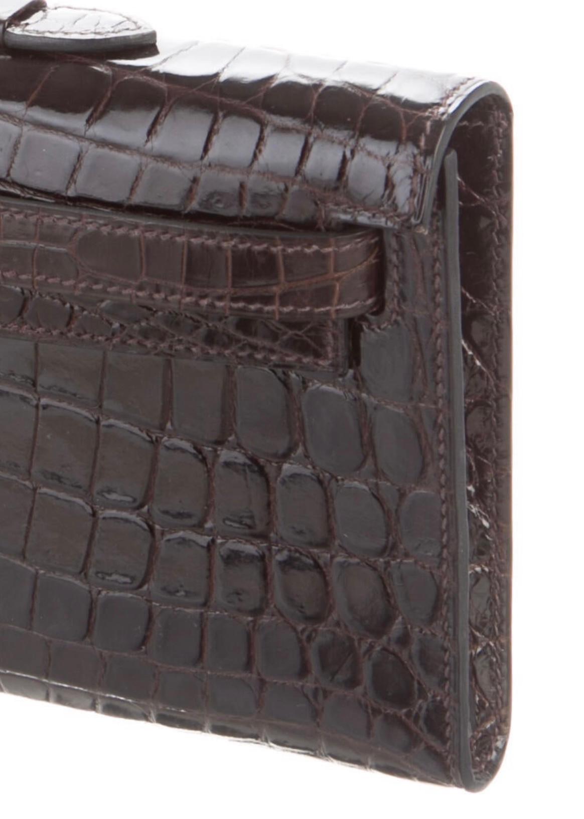 Black Hermes Chocolate Croc Exotic Leather Kelly Evening Top Handle Clutch Bag in Box For Sale