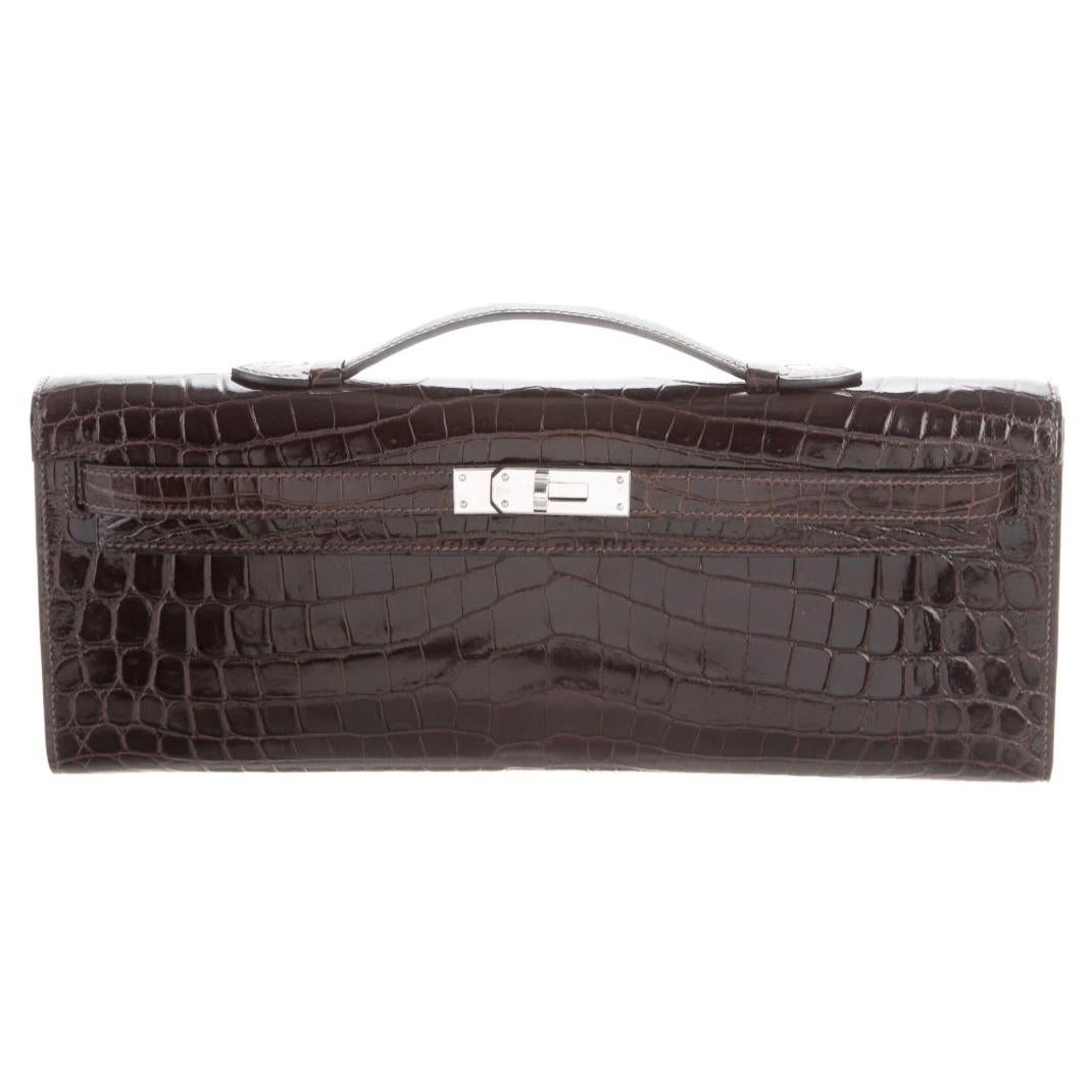 Hermes Chocolate Croc Exotic Leather Kelly Evening Top Handle Clutch Bag in Box For Sale