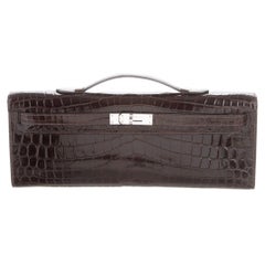 Hermes Chocolate Croc Exotic Leather Kelly Evening Top Handle Clutch Bag in Box