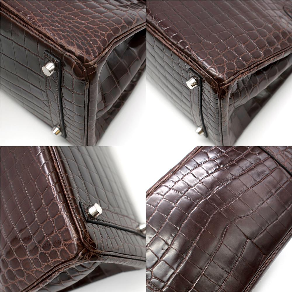 Schokoladen glänzendes Porosus Krokodil Leder 30cm Birkin im Angebot 5