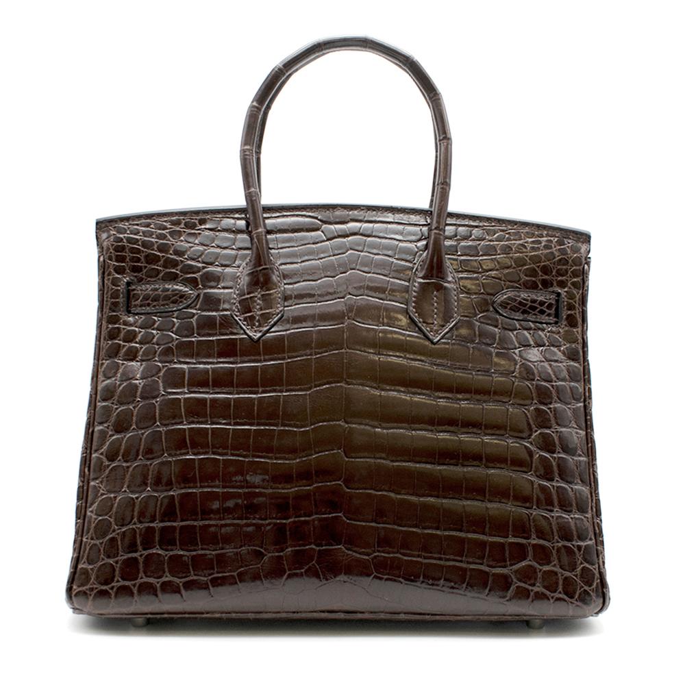 Schokoladen glänzendes Porosus Krokodil Leder 30cm Birkin (Schwarz) im Angebot
