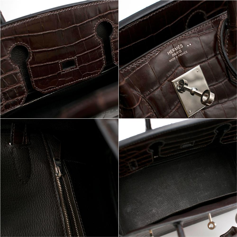 Schokoladen glänzendes Porosus Krokodil Leder 30cm Birkin im Angebot 1