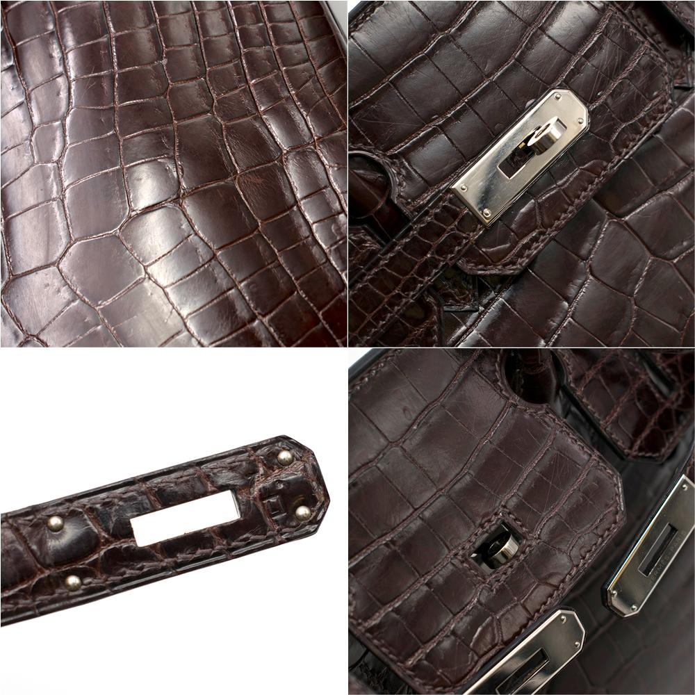 Hermes Chocolate Shiny Porosus Crocodile Leather 30cm Birkin In Good Condition For Sale In London, GB