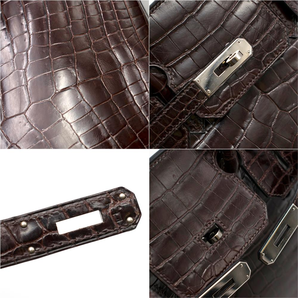 Schokoladen glänzendes Porosus Krokodil Leder 30cm Birkin im Angebot 2