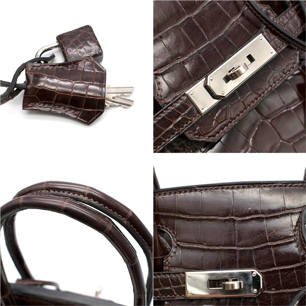 Schokoladen glänzendes Porosus Krokodil Leder 30cm Birkin im Angebot 3
