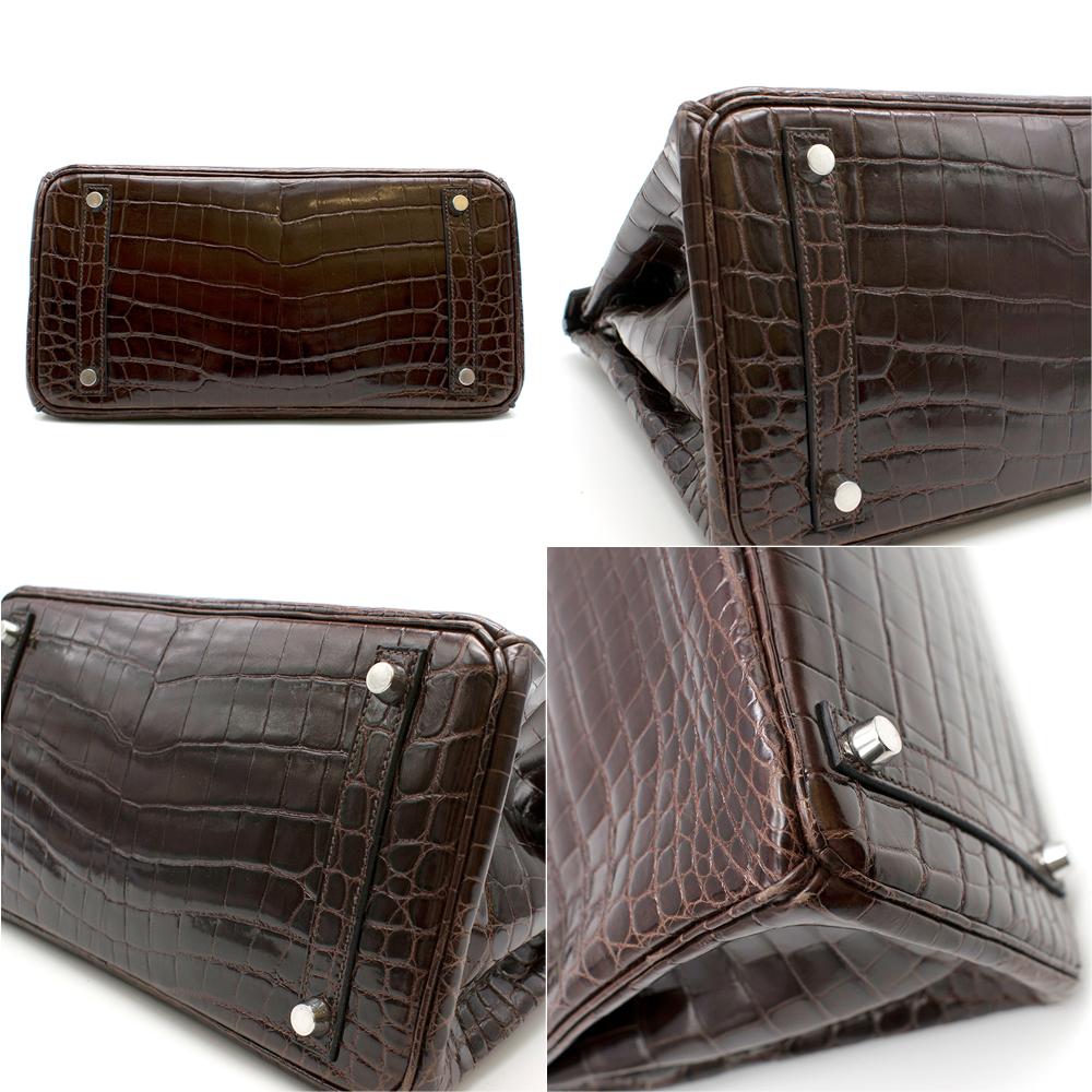 Schokoladen glänzendes Porosus Krokodil Leder 30cm Birkin im Angebot 4